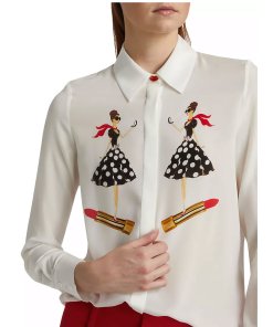 Alice+Olivia Willa Placket silk shirt in I am woman off white
