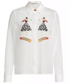 Alice+Olivia Willa Placket silk shirt in I am woman off white