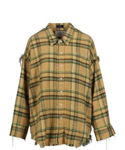 R13 Shredded Seam Drop neck Shirt khaki green plaid