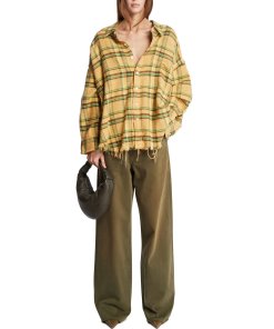 R13 Shredded Seam Drop neck Shirt khaki green plaid