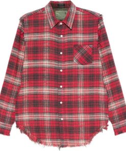 R13 shreded seam shirt in red black plaid