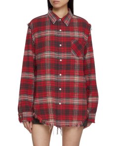 R13 shreded seam shirt in red black plaid