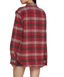R13 shreded seam shirt in red black plaid