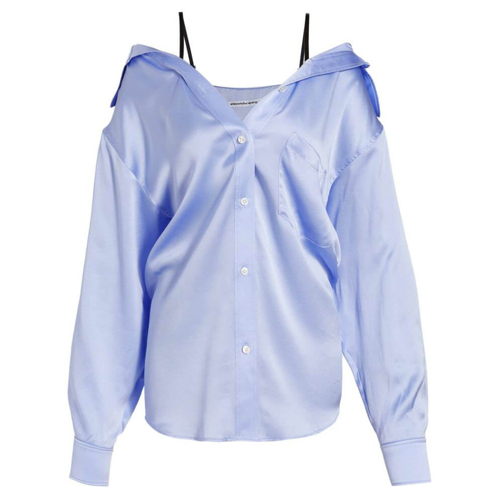 Alexander wang t off shoulder silk boyfriend shirt